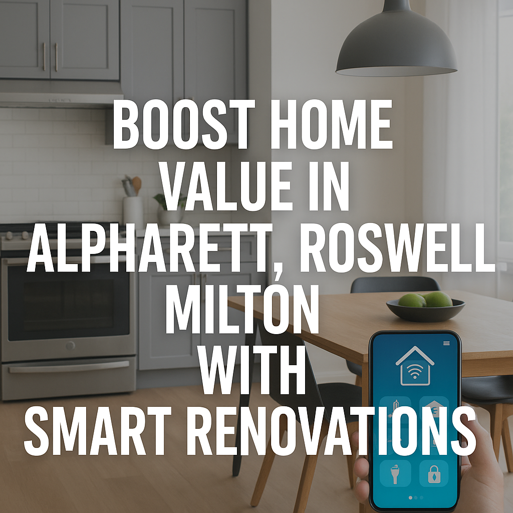 "Illustration of a modern kitchen with sleek appliances, highlighting smart renovations to boost home value in Alpharetta."