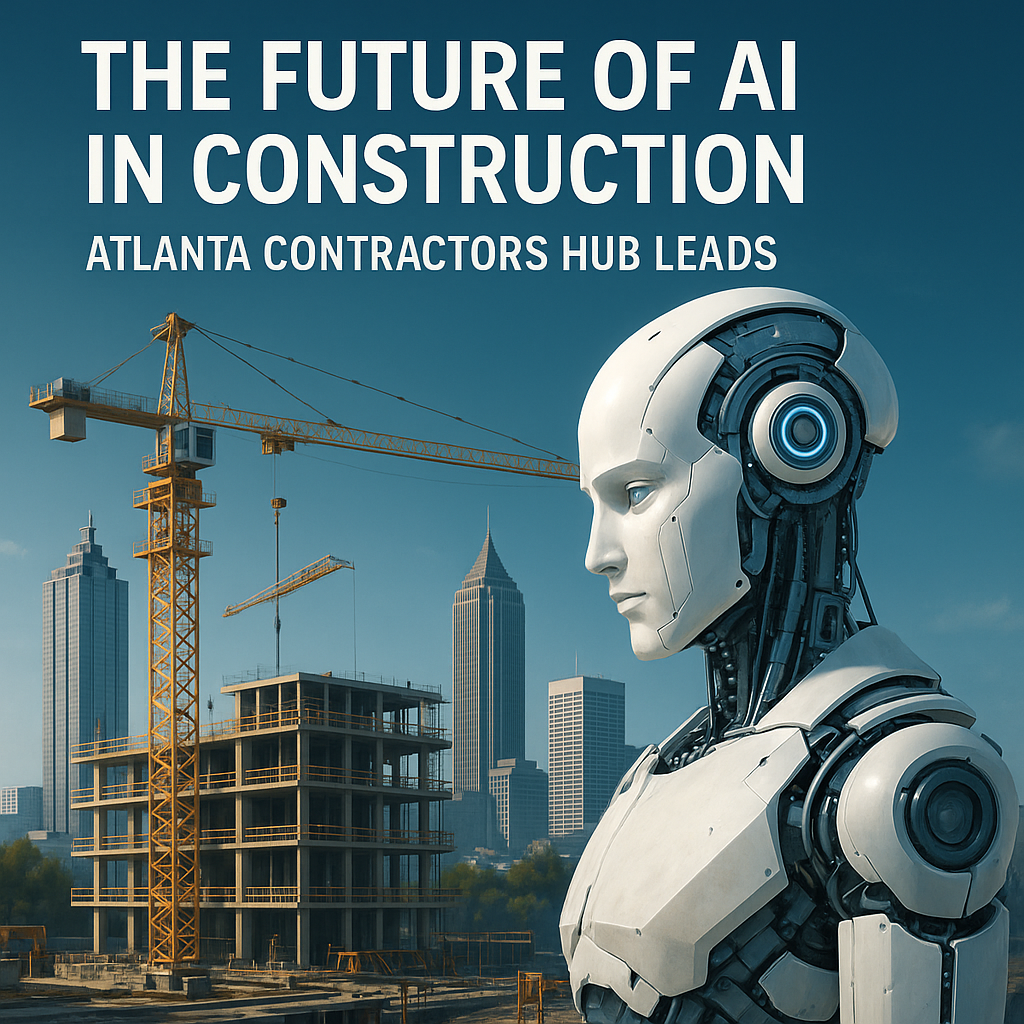 Futuristic construction site with AI technology, featuring Atlanta contractors using advanced tools, cranes, and holograms.