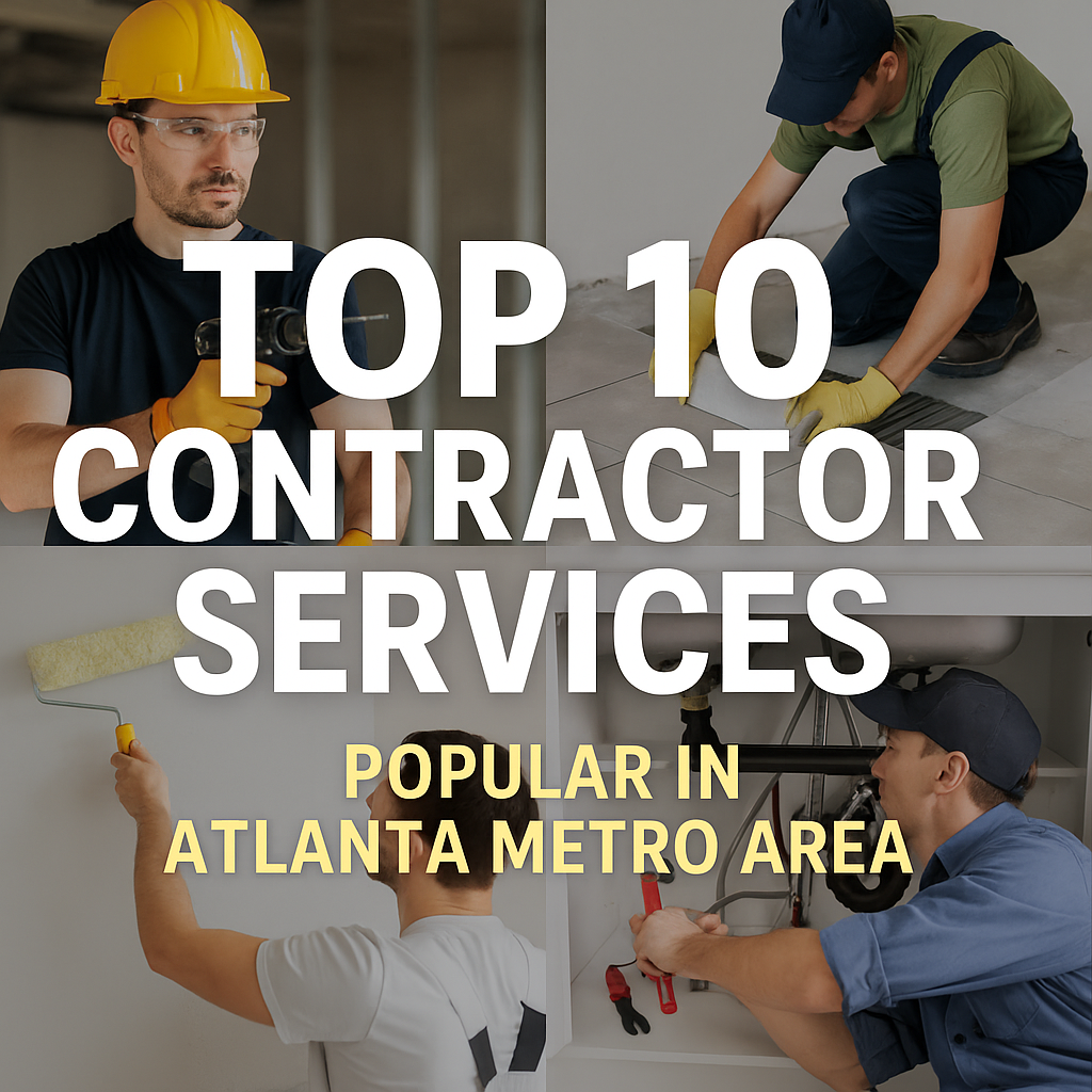 "Illustration of diverse contractor services like kitchen remodeling and HVAC maintenance popular in Atlanta Metro Area."